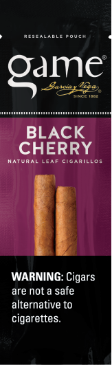 A two stick pouch of Black Cherry flavor Game cigarillos.