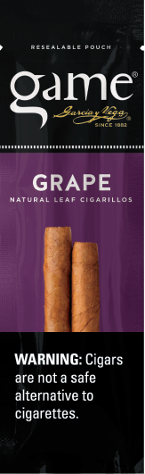 A two stick pouch of Grape flavor Game cigarillos.